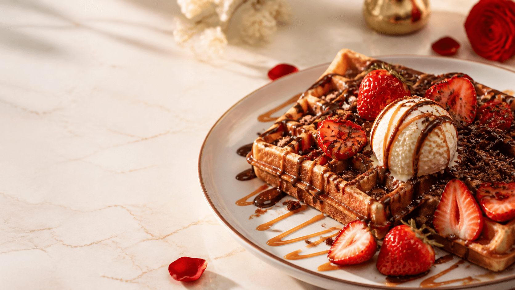 Belgio10 Belgian waffle with chocolate and caramel drizzle, vanilla ice cream and strawberries